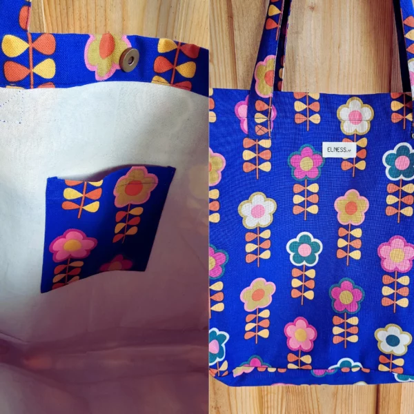 Le grand sac shopping, idéal pour aller en cours au travail, en shopping. Le sac est en coton épais, le fonds est bleu indigo avec un motif fleurs du mexique, une poche intérieur dans le même motif. Il est fabriqué en France la fabrication est locale en Charente dans un atelier d'insertion