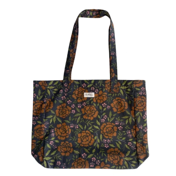 Un grand sac en coton épais dans le motif fleurs marron, l'intérieur est composé d'une petite