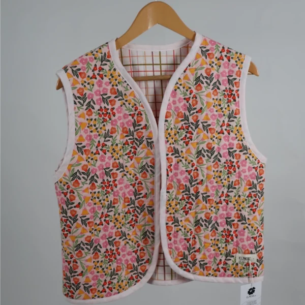 Gilet matelassé réversible unique fleur rose carreaux