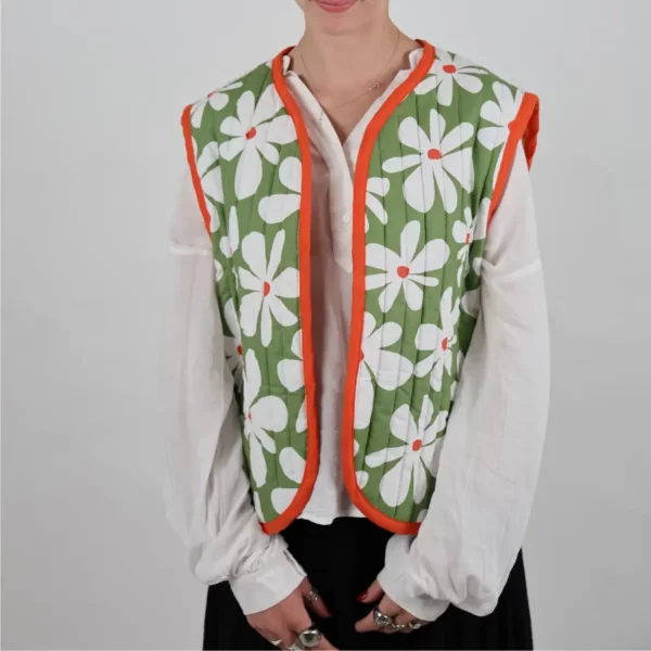 Gilet matelassé réversible unique fleur verte-vichy