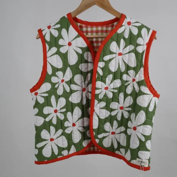 Gilet matelassé réversible unique fleur verte-vichy