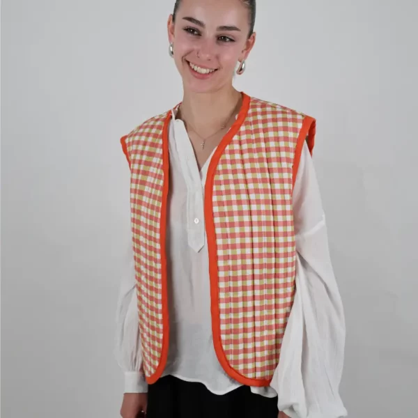 Gilet matelassé réversible unique fleur verte-vichy