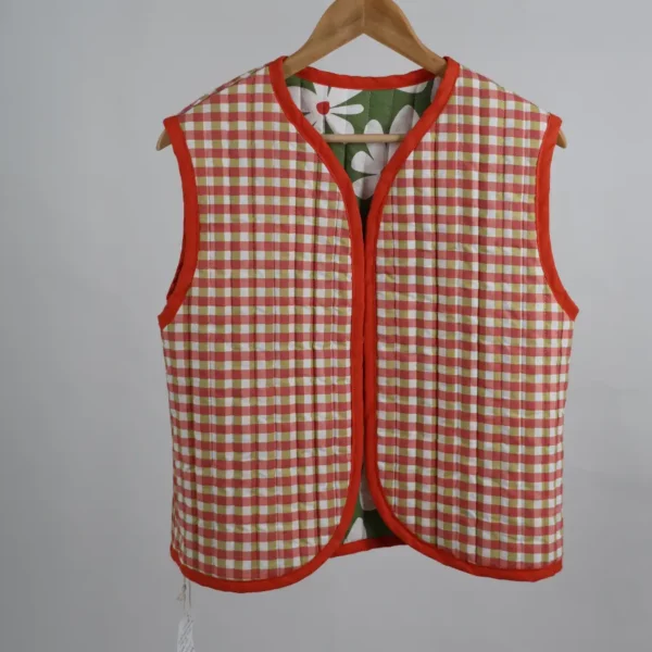 Gilet matelassé réversible unique fleur verte-vichy