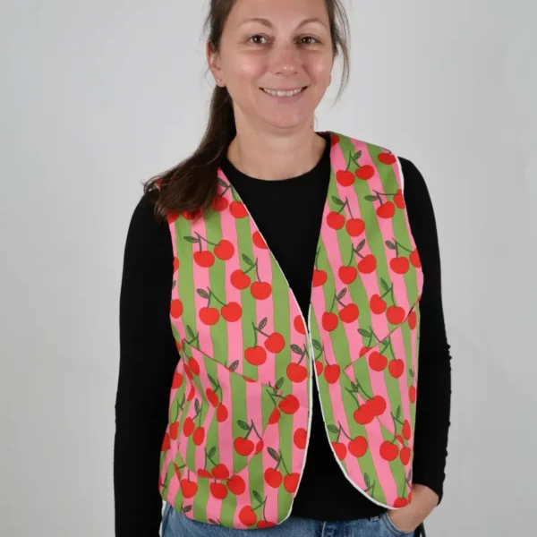 Gilet sans manches unique réversible cerise rayures vert-rose