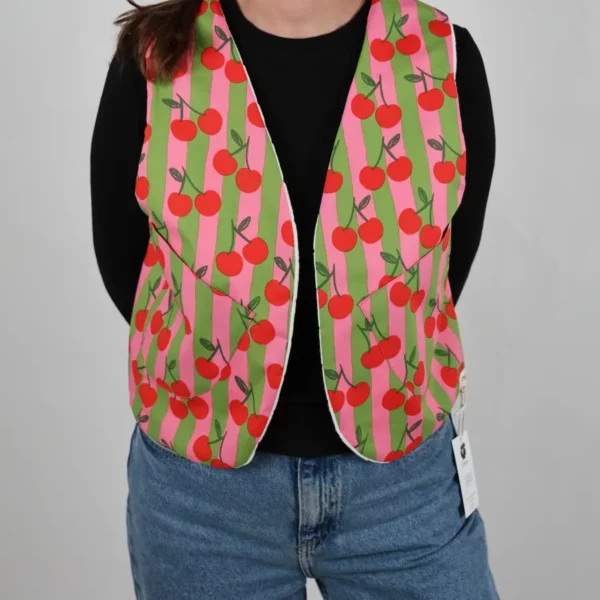 Gilet sans manches unique réversible cerise rayures vert-rose