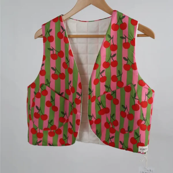 Gilet sans manches unique réversible cerise rayures vert-rose
