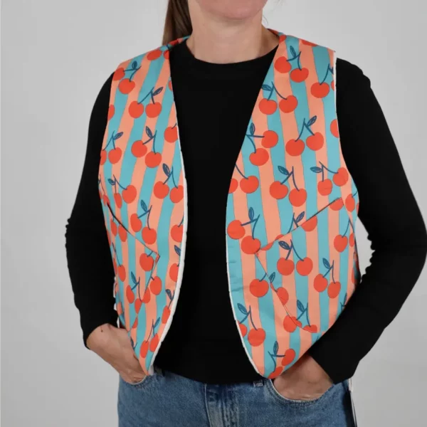 Gilet sans manches unique réversible cerise rayures bleu et pêche