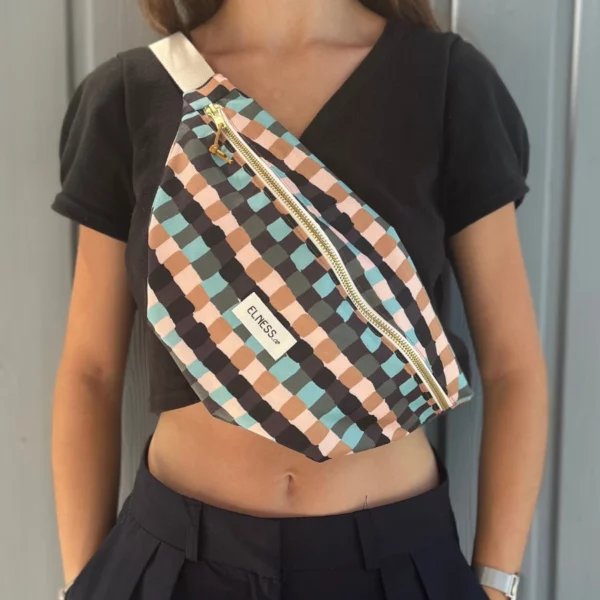 Sac Banane L quadrillés beige-bleu
