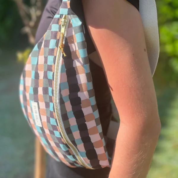 Sac Banane L quadrillés beige-bleu