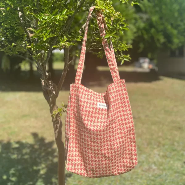 Tote Bag accordéons motif pied de poule rouge et beige