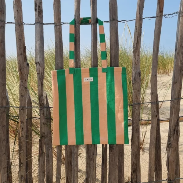 Tote bag à rayures vert et pêche