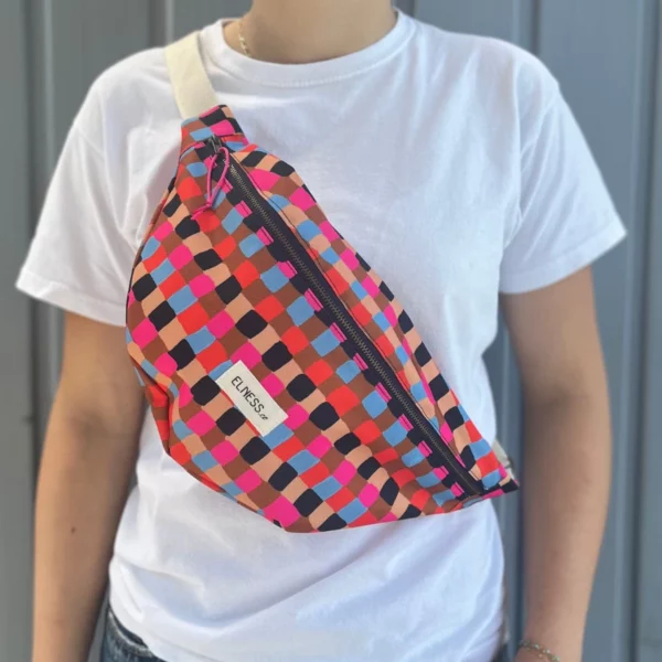 Sac Banane L quadrillés rouge-rose