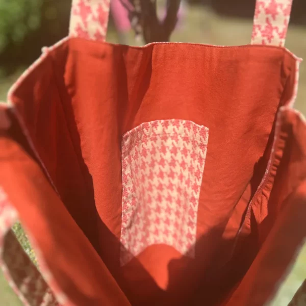 Tote Bag accordéons motif pied de poule rouge et beige