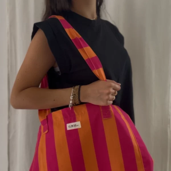 Grand sac à rayures rose et pêche