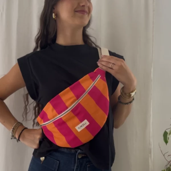Sac banane rayures rose et pêche